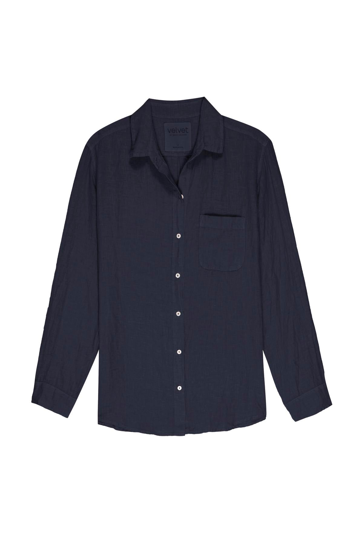   A long-sleeved, dark navy MULHOLLAND LINEN SHIRT by Velvet by Jenny Graham featuring a collar, a left chest pocket, and a relaxed silhouette. 