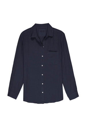 A long-sleeved, dark navy MULHOLLAND LINEN SHIRT by Velvet by Jenny Graham featuring a collar, a left chest pocket, and a relaxed silhouette.