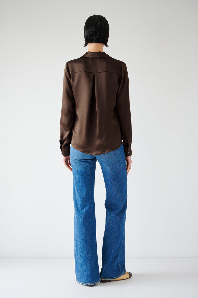 The timeless back view of a woman wearing a Velvet by Jenny Graham SOHO TOP in silk charmeuse.