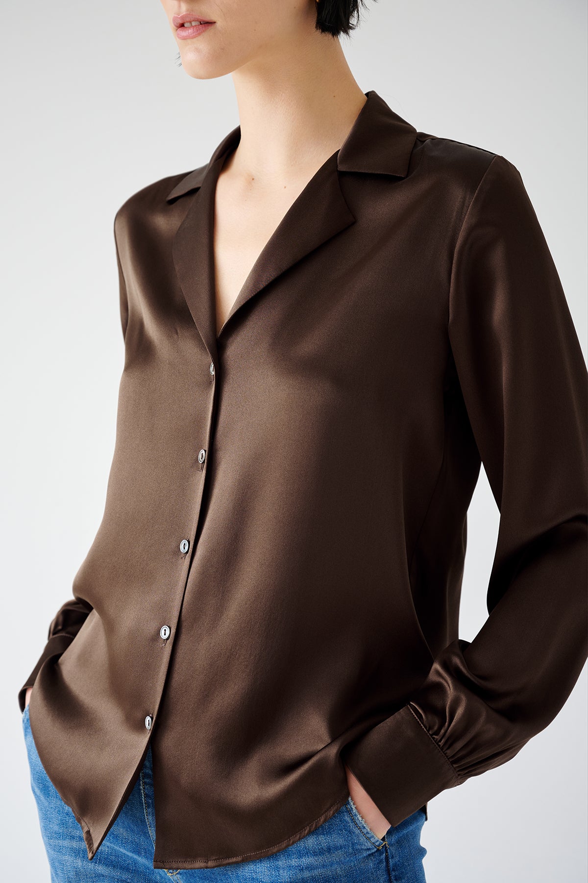 The model is wearing a timeless SOHO TOP brown silk button-up blouse by Velvet by Jenny Graham.-35547448869057