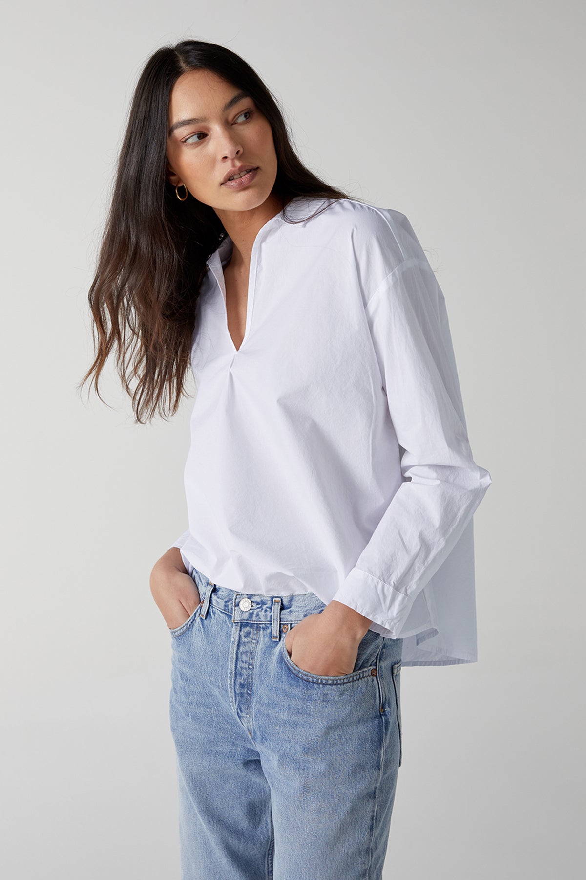 Velvet by Jenny Graham Brea Cotton Shirt in White, Tucked Into Blue Denim Front and Side Close Up-26002779603137