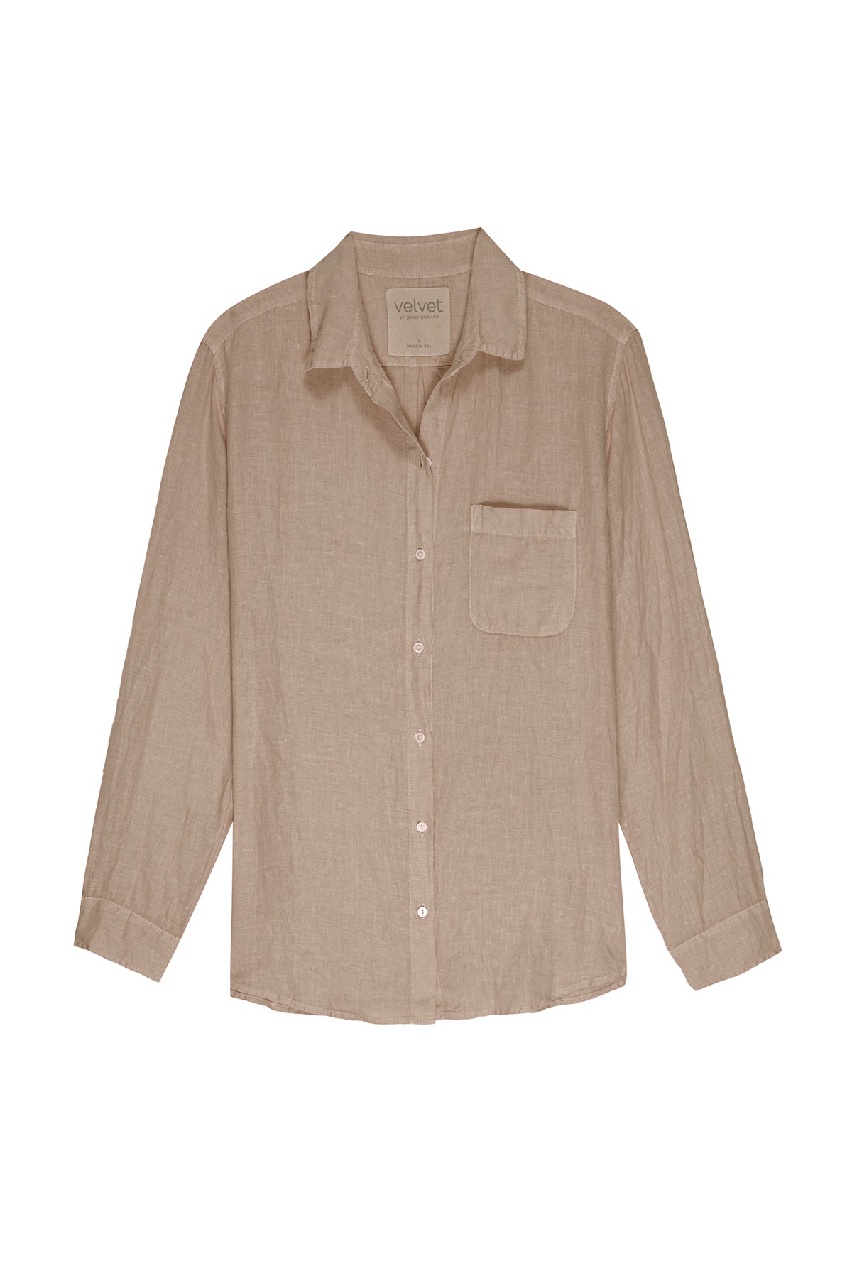 A beige MULHOLLAND LINEN SHIRT by Velvet by Jenny Graham with a single chest pocket, a collar, and a relaxed silhouette featuring a scooped hemline.-26040391696577