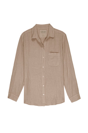 A beige MULHOLLAND LINEN SHIRT by Velvet by Jenny Graham with a single chest pocket, a collar, and a relaxed silhouette featuring a scooped hemline.