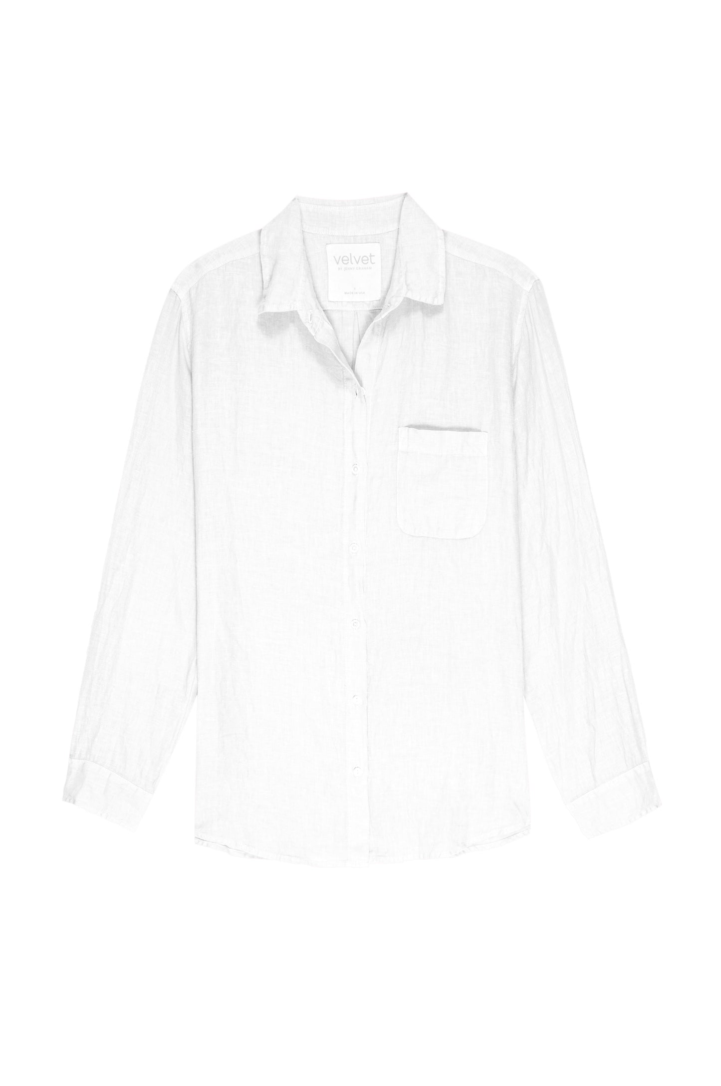 MULHOLLAND LINEN SHIRT by Velvet by Jenny Graham: White long-sleeve linen button-up shirt with a single chest pocket and a relaxed silhouette, featuring a scooped hemline, displayed against a white background.-25134162641089