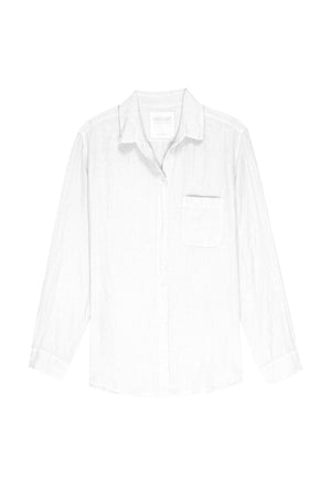 MULHOLLAND LINEN SHIRT by Velvet by Jenny Graham: White long-sleeve linen button-up shirt with a single chest pocket and a relaxed silhouette, featuring a scooped hemline, displayed against a white background.